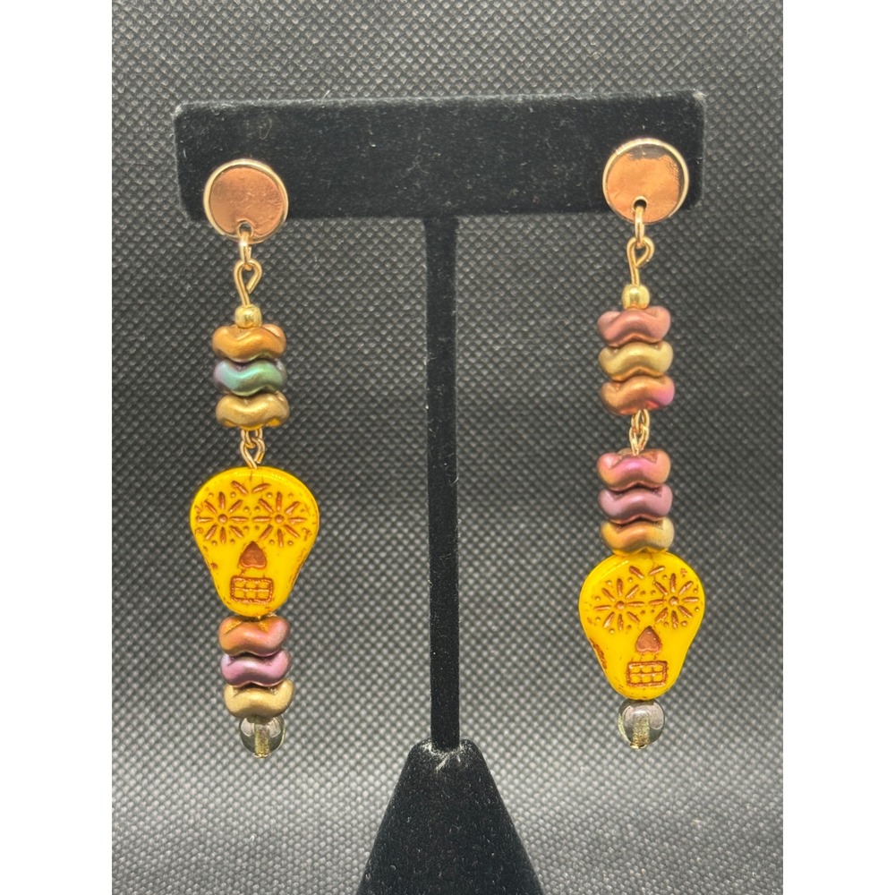 Czech Glass Sugar Skull Earrings Metallic Iridescent Beaded Dangle Halloween